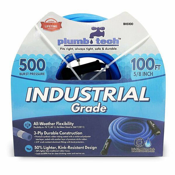 Plumb Tech 5/8-in. x 100' Industrial Grade Dual-Purpose Blue Synthetic Rubber Hose, BPA Free, 500 PSI BHS100